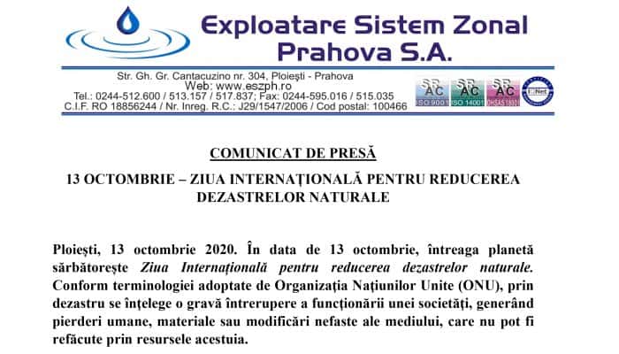 EXPLOATARE SISTEM ZONAL PRAHOVA S.A.: COMUNICAT DE PRESĂ 13 OCTOMBRIE – ZIUA INTERNAȚIONALĂ PENTRU REDUCEREA DEZASTRELOR NATURALE